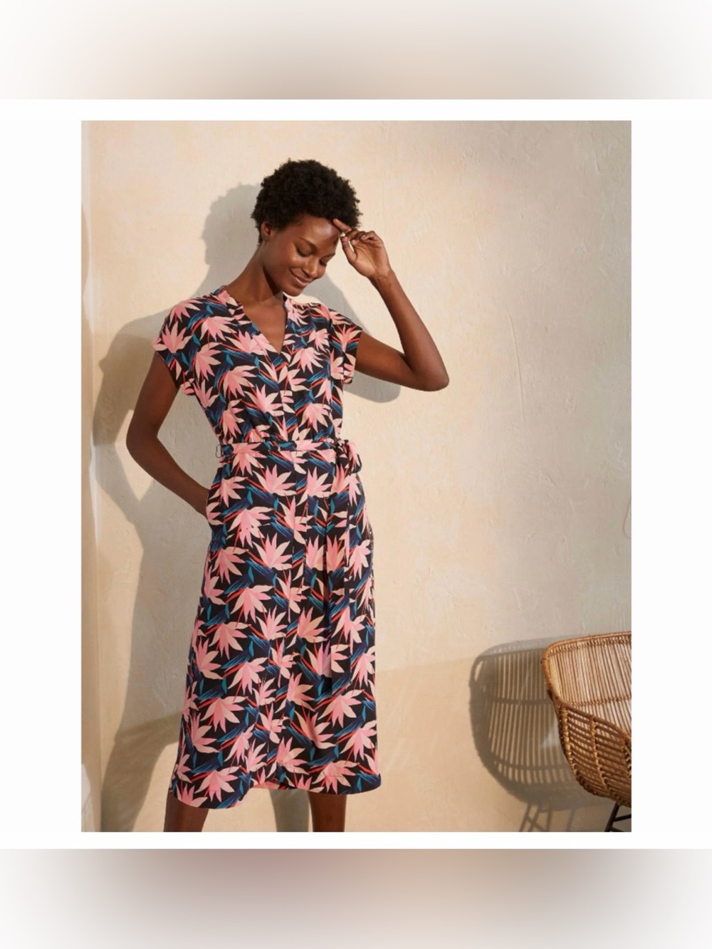 Boden Nicola Black Pink Bird of Paradise Button Up Midi Shirt Dress Size 8